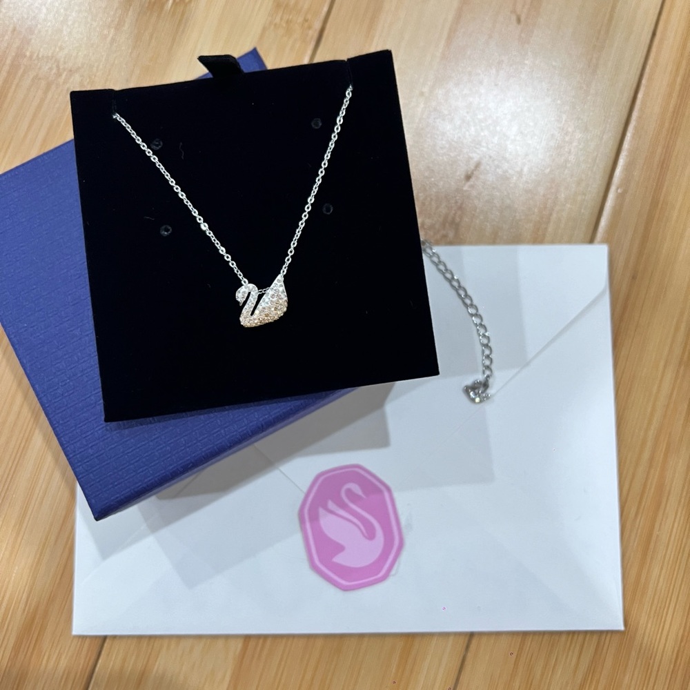 Swarovski Iconic Swan Crystal Pendant Rhodium Plated Chain Necklace Minimalist